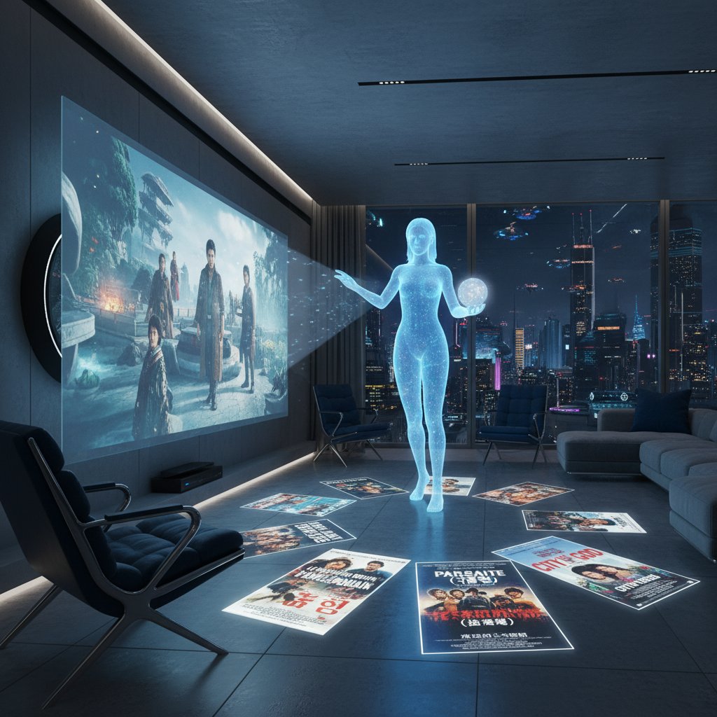 A futuristic home entertainment setup with holographic AI movie assistant interface and international movie posters