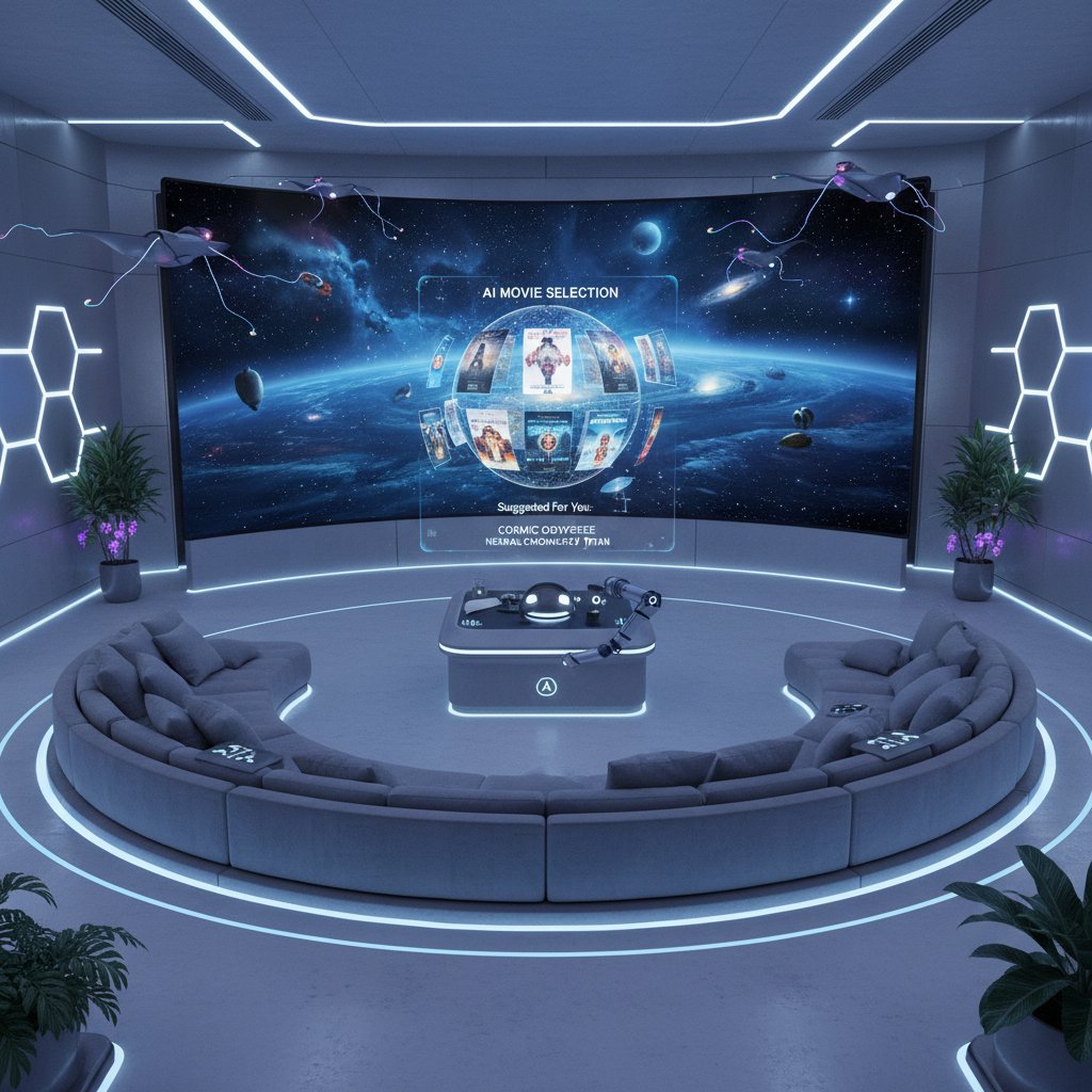 Futuristic home theater with AI-driven movie selection interface