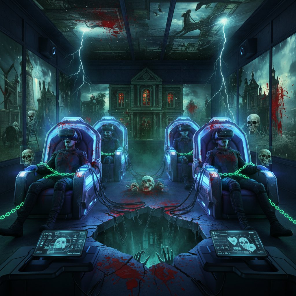 Watching a horror movie in a VR environment with neon-lit home theater setup