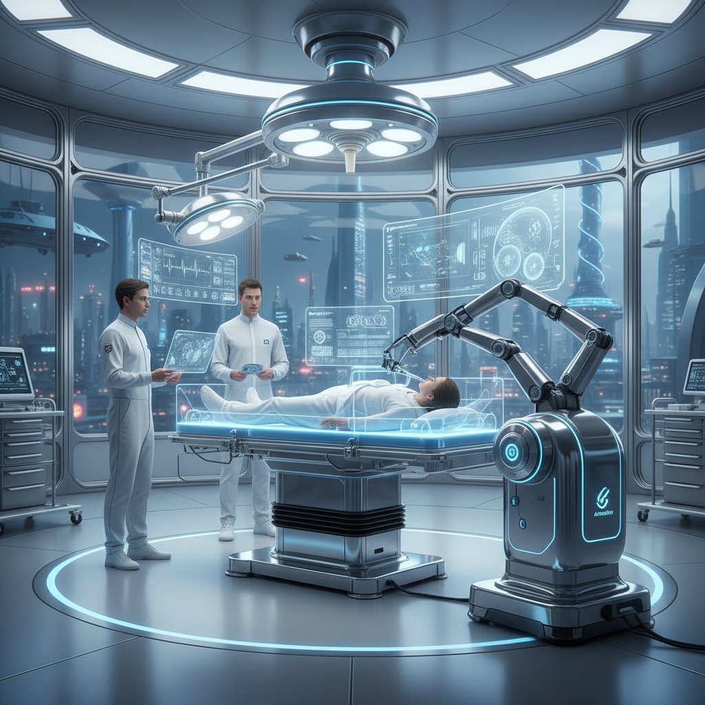 Futurystyczny szpital, robot wspomagany AI wykonuje intubację