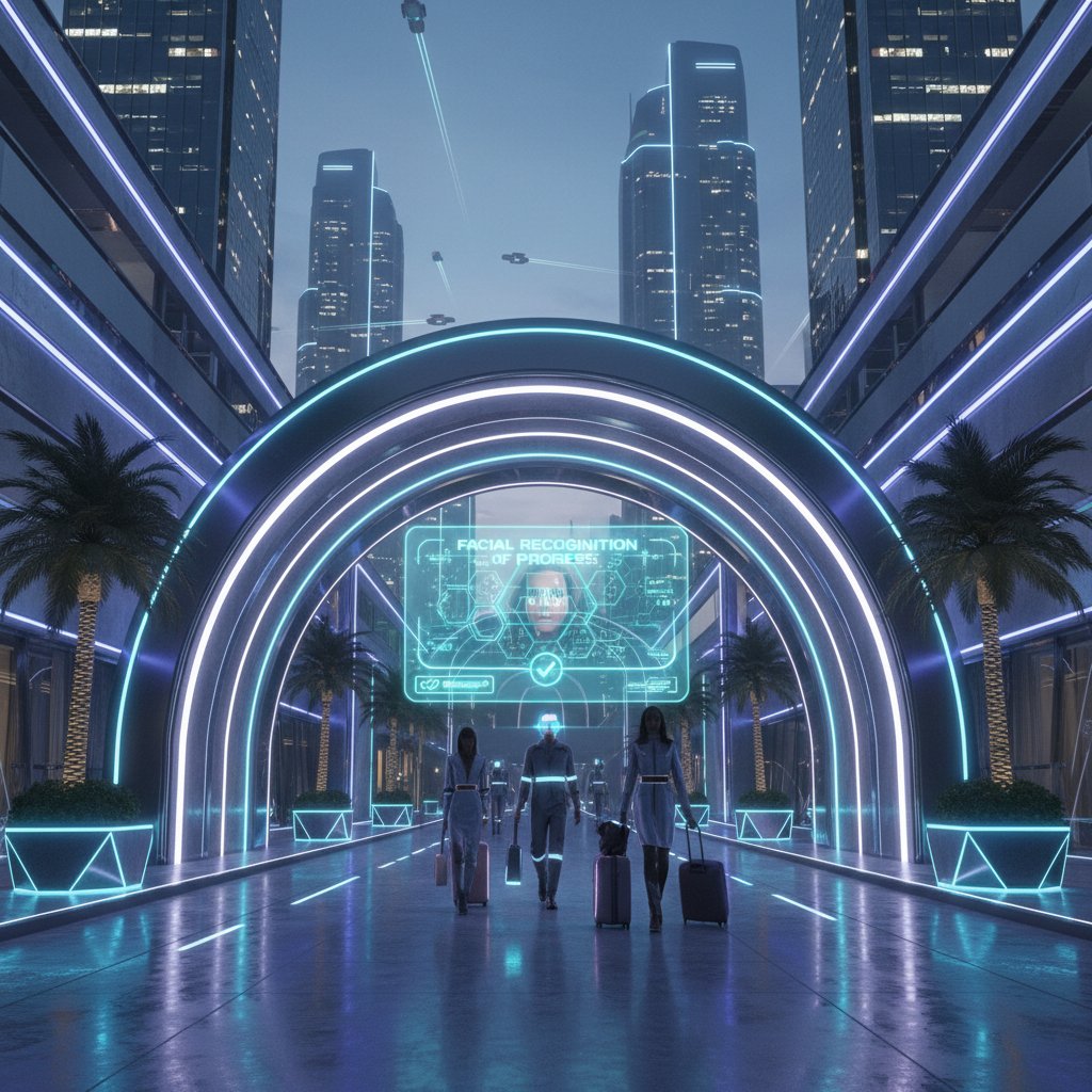 Futuristic hotel entrance with facial recognition terminal, guests interacting, neon-lit, high-tech ambiance