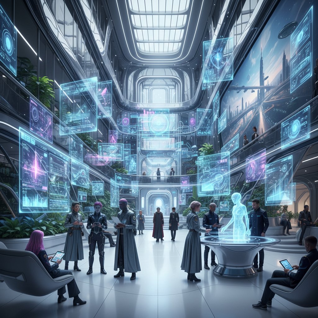 Futurystyczny lobby hotelowe z holograficznymi interfejsami AI