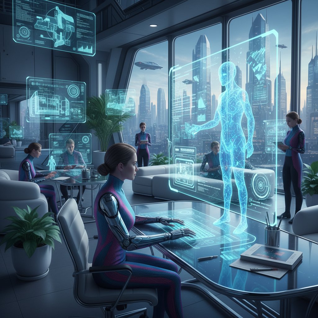 Futurystyczna współpraca człowieka z cyfrowym awatarem w biurze