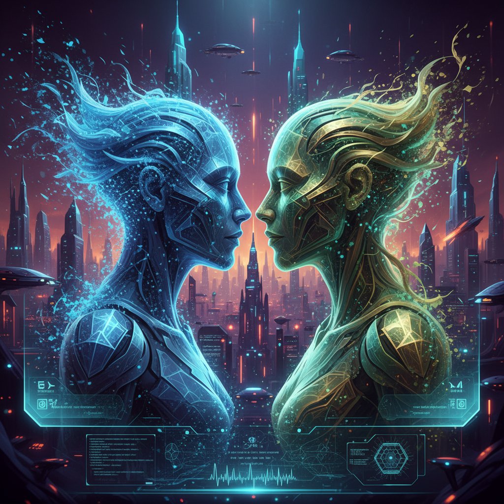 Futuristic take on identity swap in movies, digital avatars swapping places