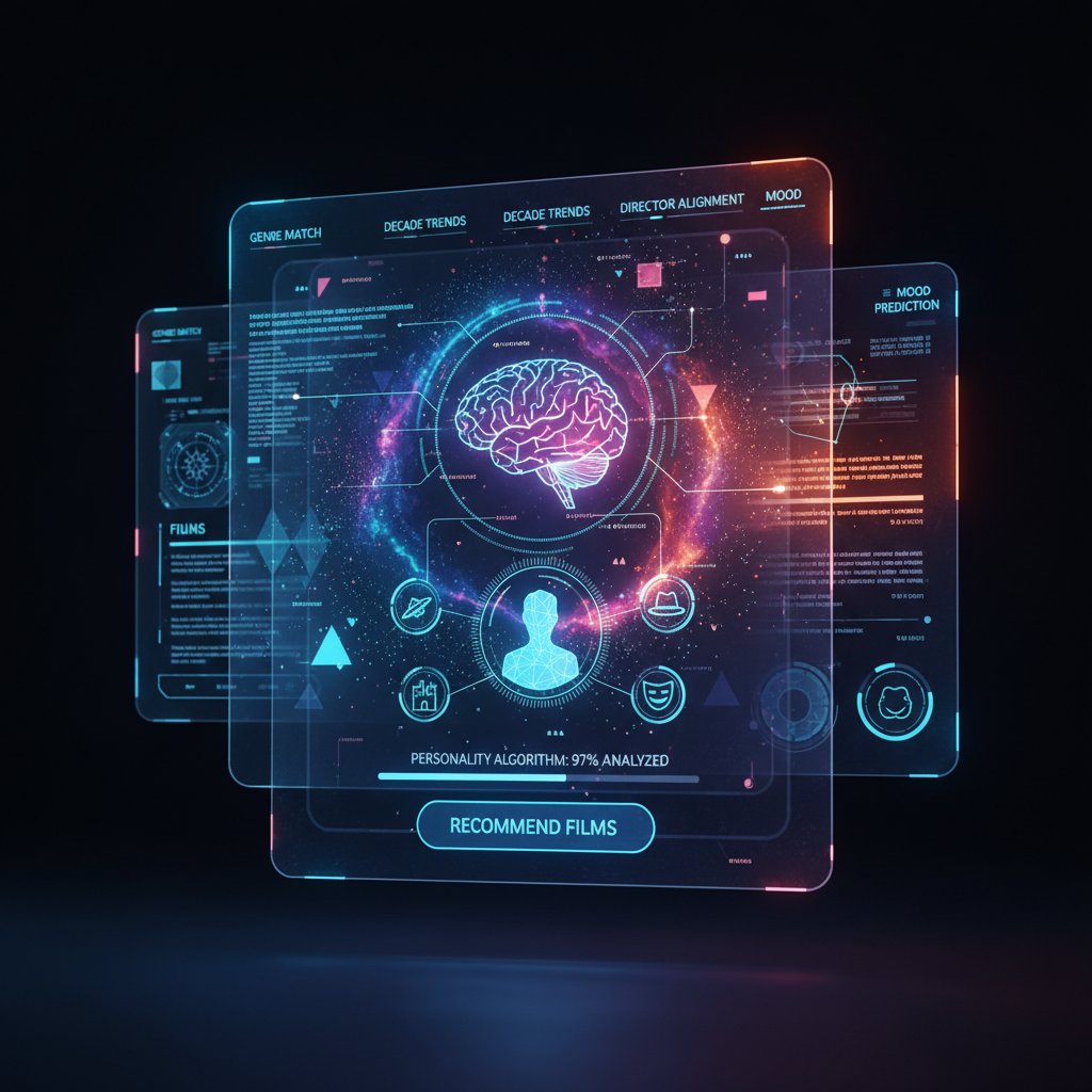 Futuristic interface of an AI analyzing user movie preferences in neon colors, showcasing the promise and pitfalls of AI-powered movie discovery