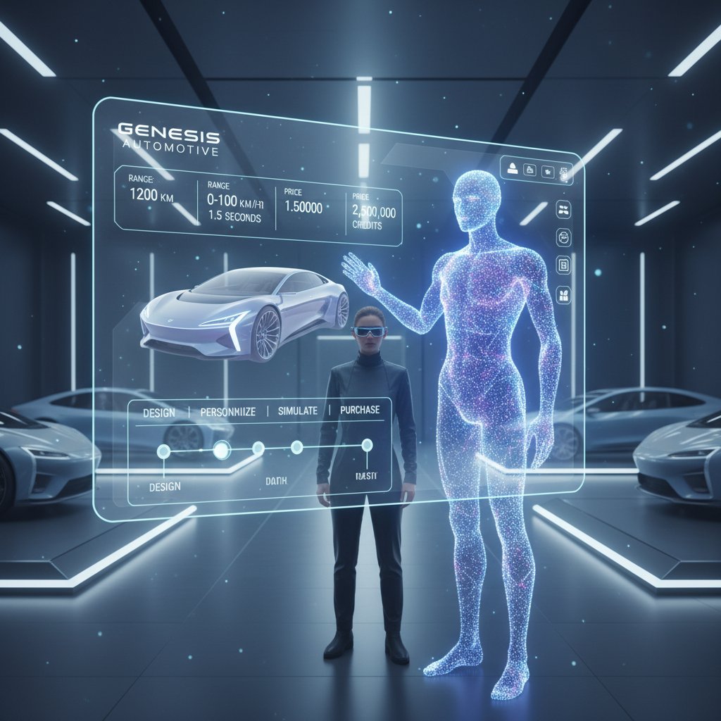 Futuristic interface with AI assistant avatar and next-gen tech for online car buying