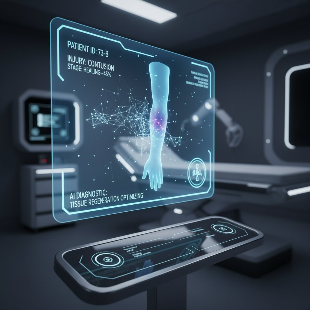 Interfejs AI analizujący stłuczenie na skórze, futurystyczny, 16:9