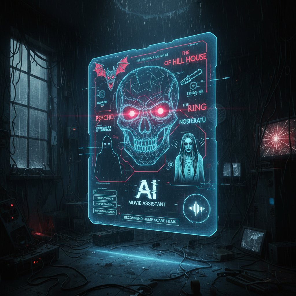 Futuristic interface of AI movie assistant recommending bold horror picks, best horror movies