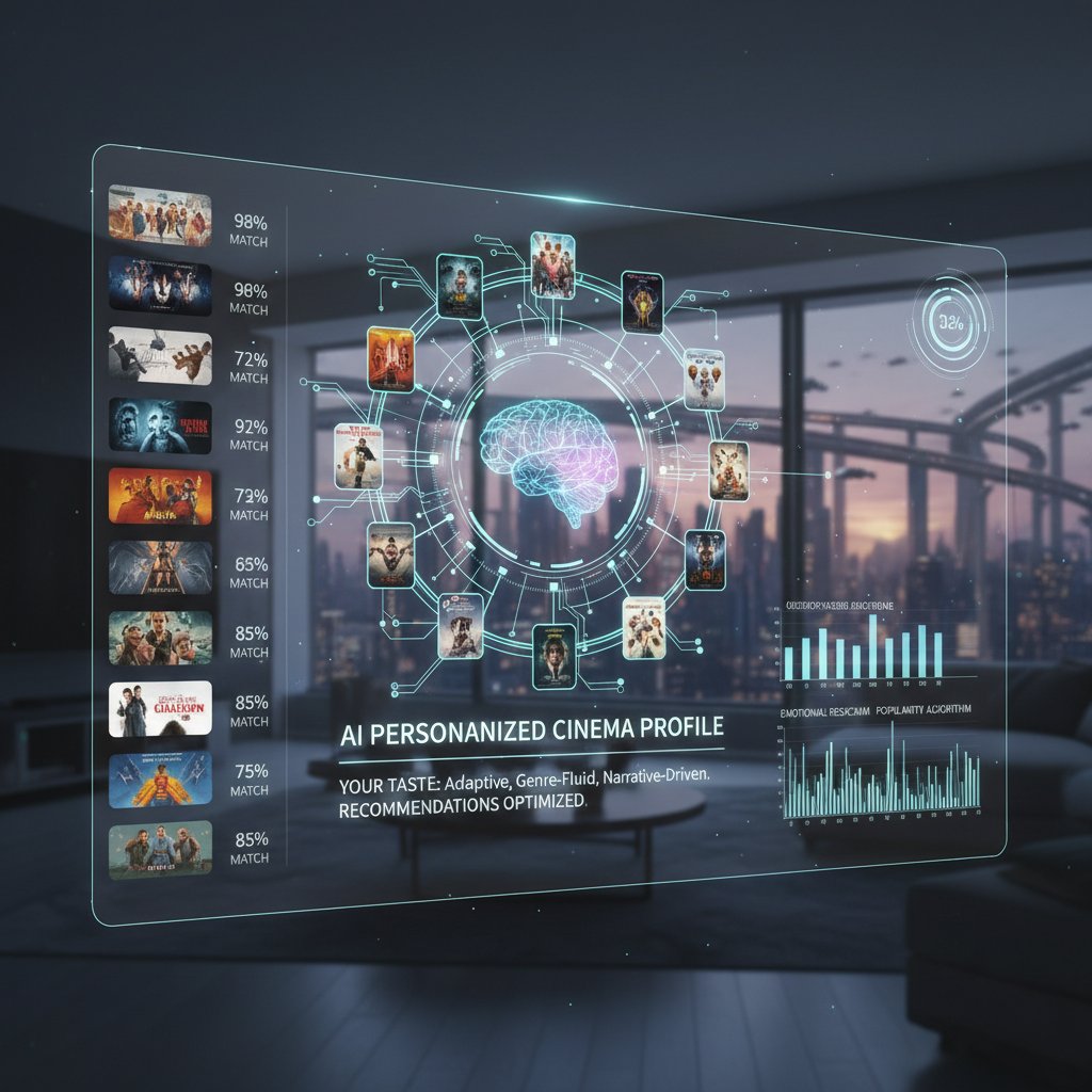 AI analyzing personal movie preferences, futuristic interface, movie demographics