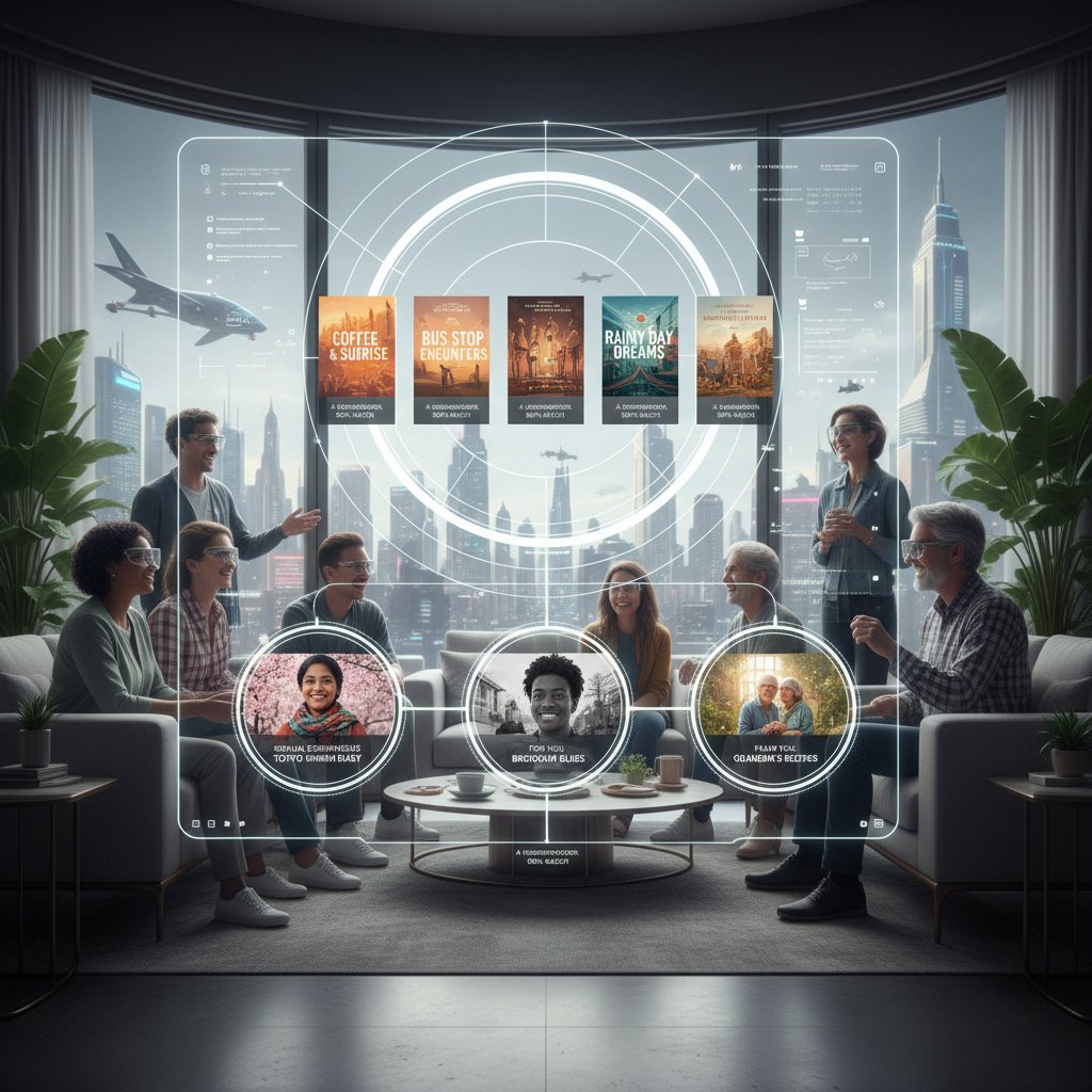 Futuristic interface with AI recommending diverse slice of life movies to smiling viewers