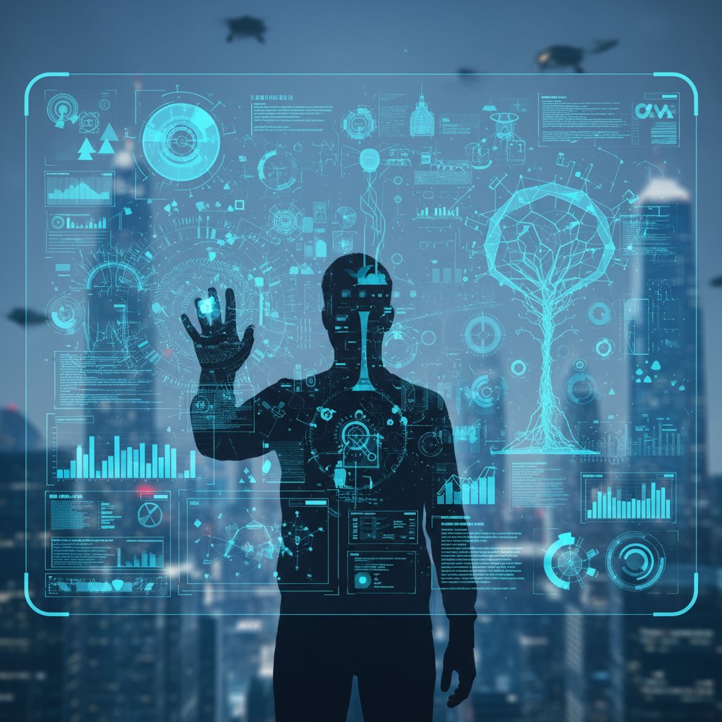 Sztuczna inteligencja wspierająca proces posttraumatycznego wzrostu – futurystyczny interfejs i sylwetka człowieka