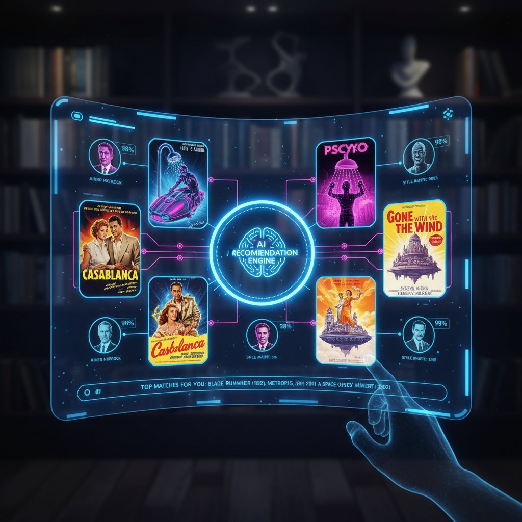 Futuristic interface overlaying classic film posters, AI recommendation engine in action, vibrant colors
