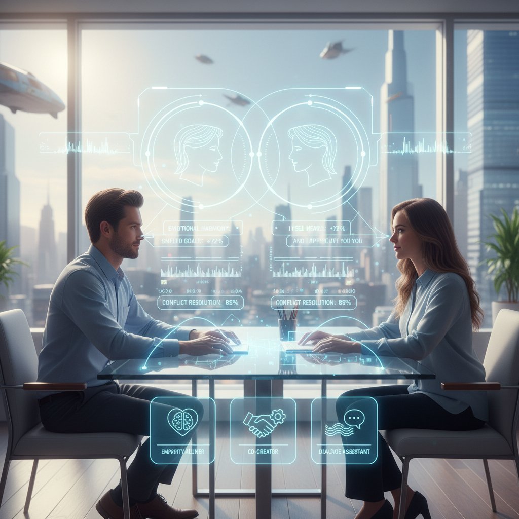 Futuristic interface hovering over couple’s conversation, subtle AI motifs—future of relationship communication apps