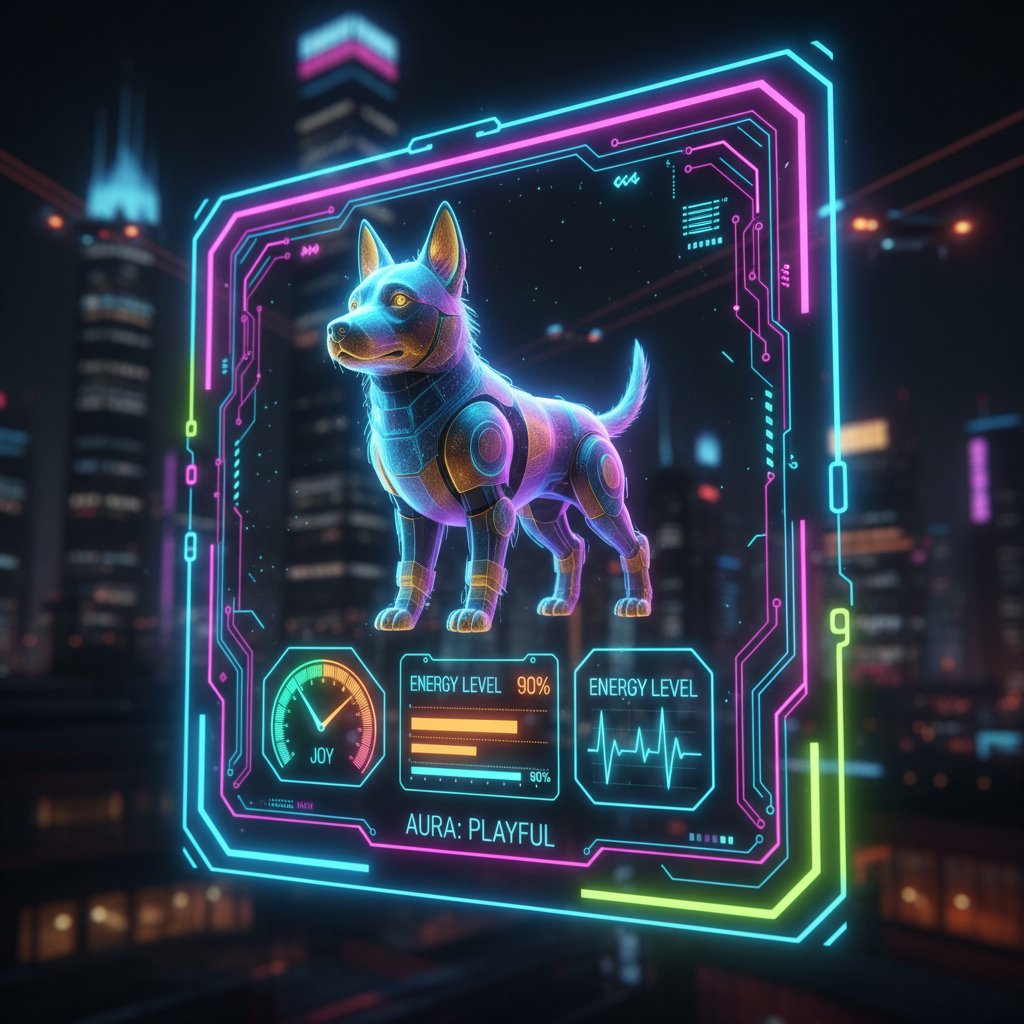 Futurystyczny interfejs z panelem emocji wirtualnego psa, neonowe akcenty