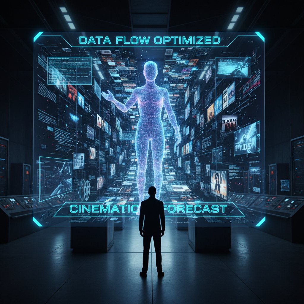 A futuristic interface with a digital assistant suggesting movies, streams of data in the background, and a sense of anticipation