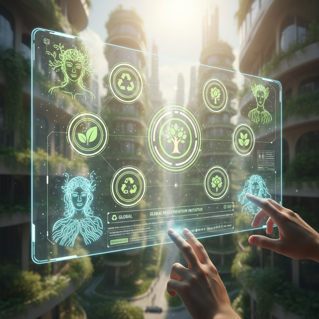 Nowoczesne technologie dla aktywistów ekologicznych online, futurystyczny interfejs z zielonymi ikonami i awatarami