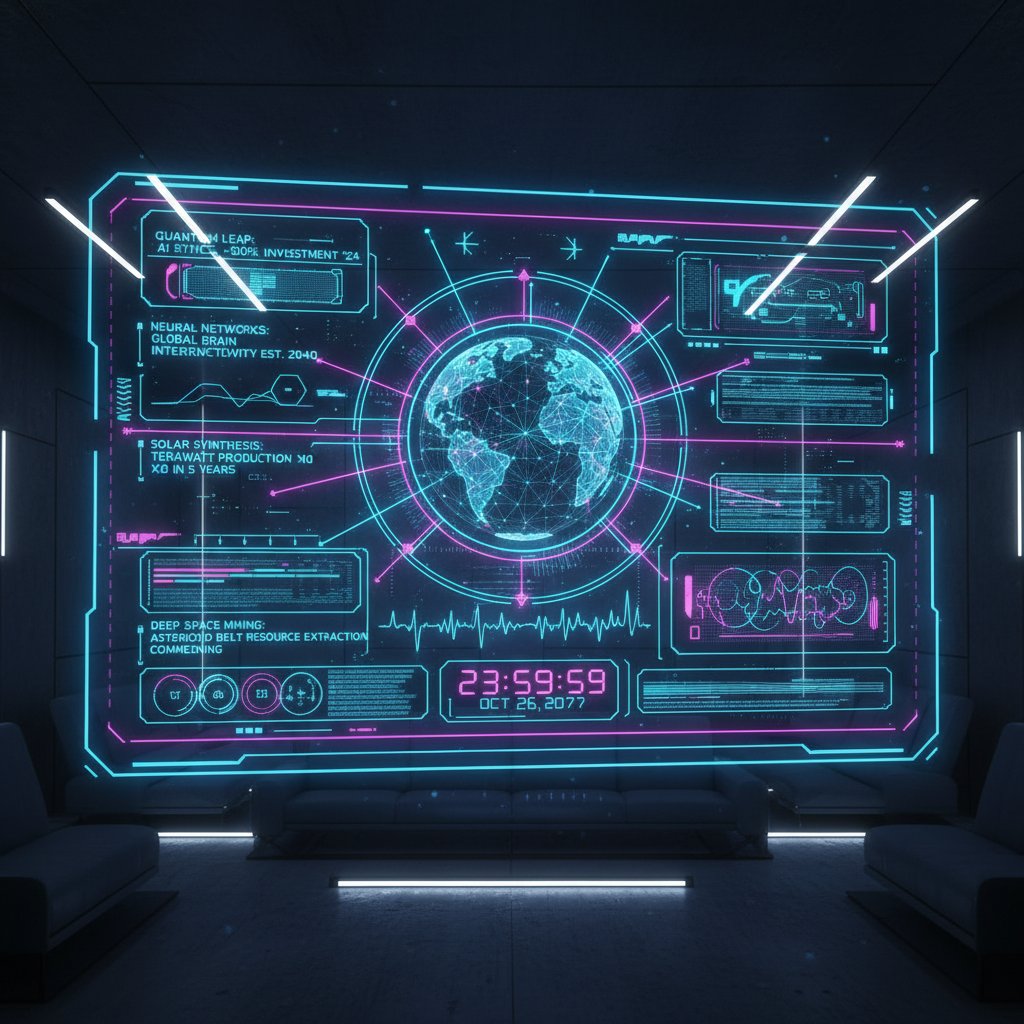 Interfejs przyszłości generujący fakty cyfrowe w czasie rzeczywistym, AI i neon – automatyzacja ciekawostek