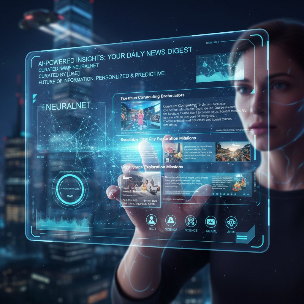 Human hand and robotic hand co-curating a digital news feed, illustrating the future of human-AI collaboration in news curation