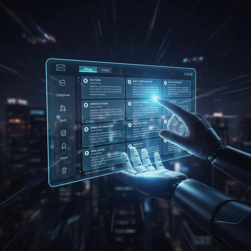 Human and AI working together on email tasks using a futuristic interface, symbolizing balanced automation