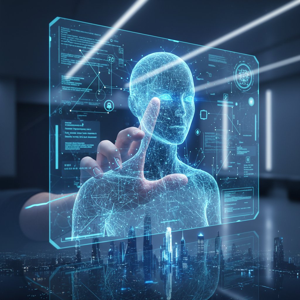 Interfejs AI towarzysza wsparcia na ekranie, futurystyczny wygląd, dłoń dotykająca awatara, niebieskie tony