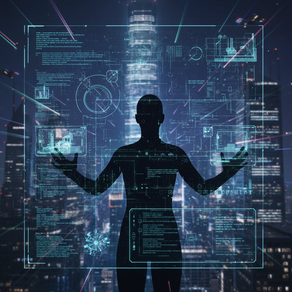 Sztuczna inteligencja wspierająca rozwój osobisty, interfejs na tle sylwetki człowieka