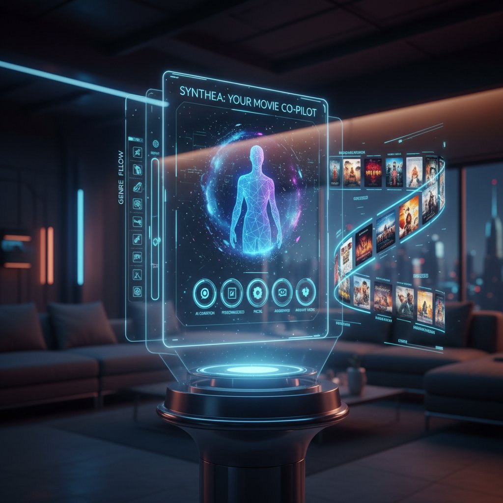 Futuristic interface of an AI-powered movie assistant suggesting films based on viewer mood