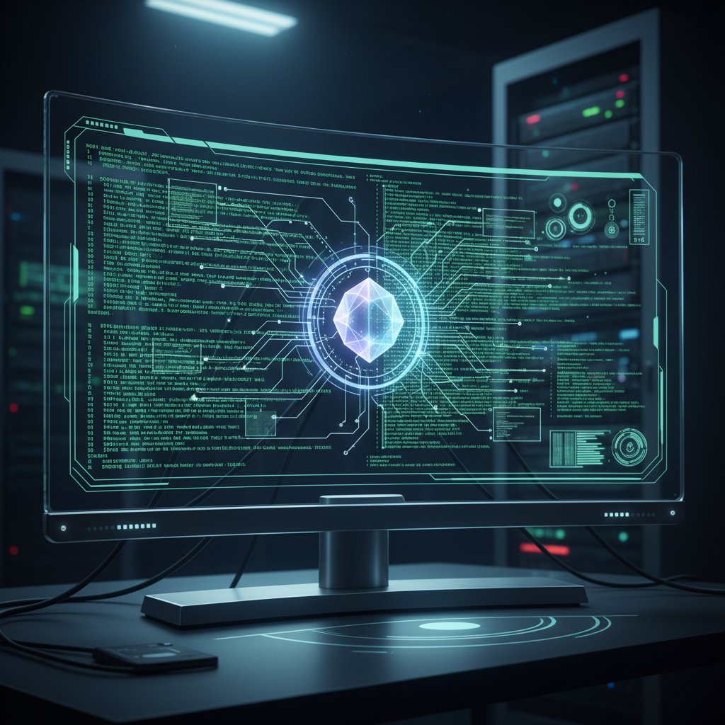 Futuristic interface overlaying old code on a monitor, symbolizing AI-driven modernization