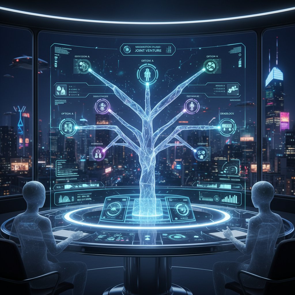 Nowoczesny interfejs symulatora negocjacyjnego z cyfrowym panelem i rozgałęzionymi scenariuszami