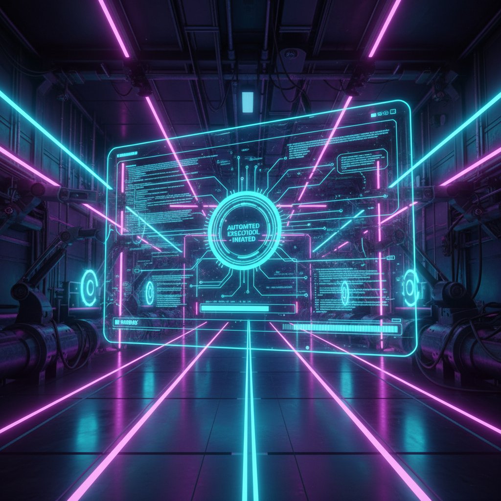 Futuristic interface with contracts self-executing in a neon-lit setting, capturing the sense of speed and automation