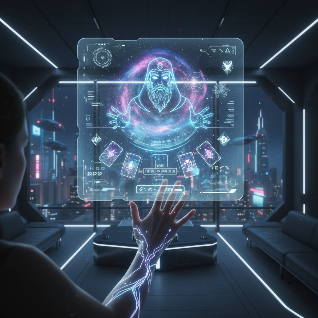 Futuristisches Interface eines virtuellen Wahrsagers in Augmented Reality, digitale Wahrsagerei der Zukunft