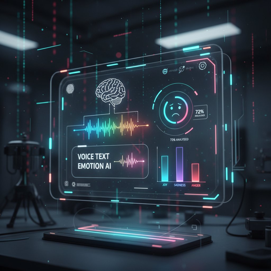 Futuristic interface blending text, voice, and emotion icons, illustrating multimodal AI communication
