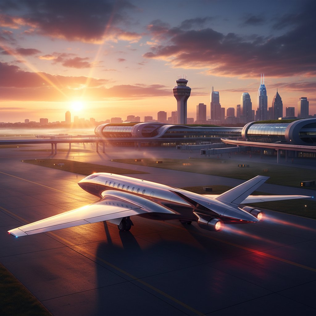 Futuristic jet landing at Raleigh airport at sunrise, symbolizing the new era of air travel to Raleigh.