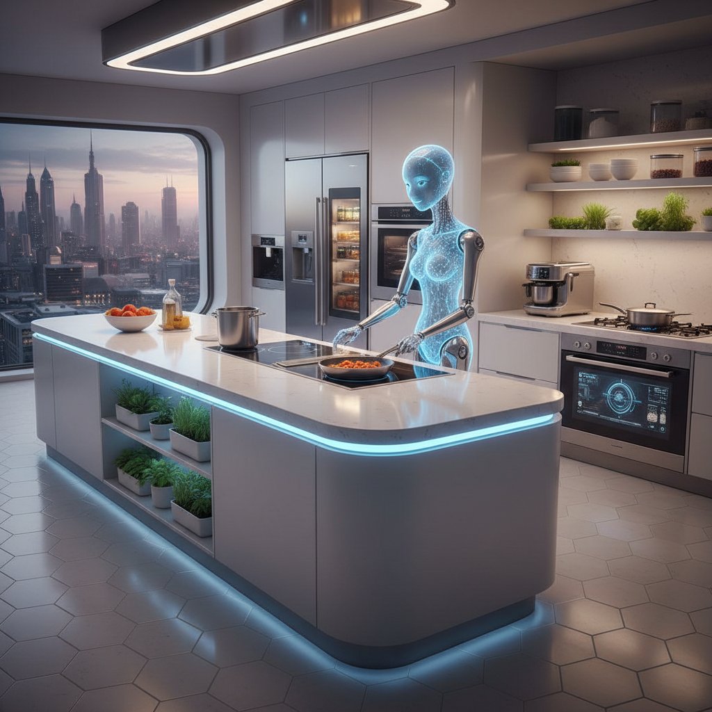 Nowoczesna kuchnia przyszłości z AI asystentem i zautomatyzowanymi urządzeniami