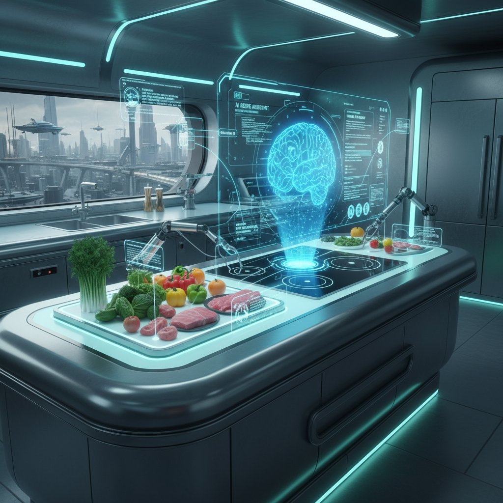 Kuchnia przyszłości z AI wyświetlającym przepisy i analizującym składniki – nowoczesne gotowanie