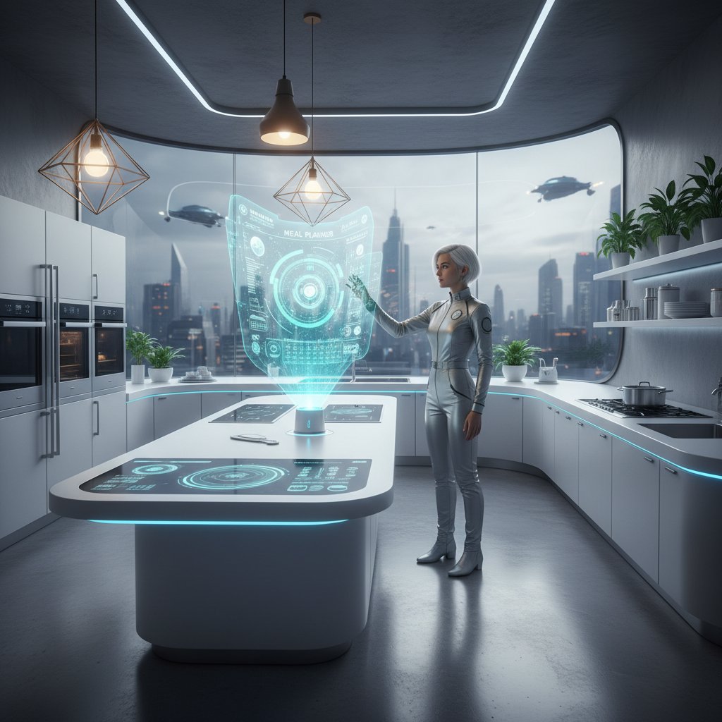 Kuchnia z holograficznym planowaniem posiłków, symbolizująca technologię przyszłości w kontroli diety