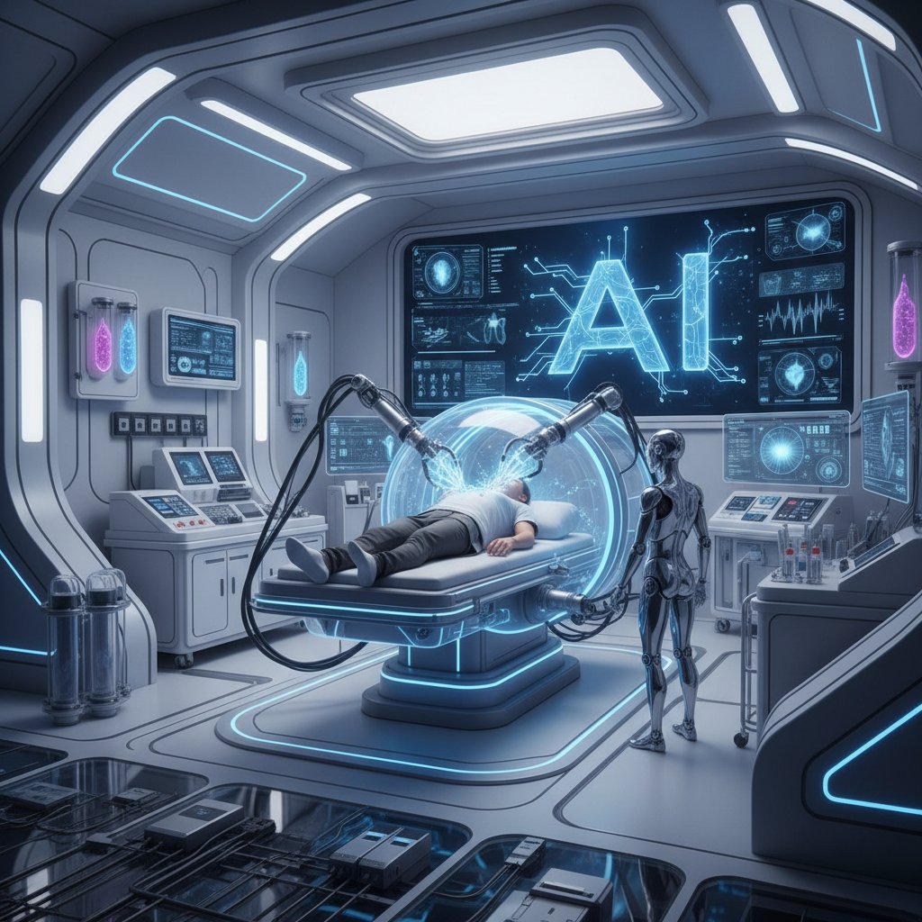 Futurystyczne laboratorium z AI wspierającym nowoczesny sprzęt krioablacyjny, światła LED, cyfrowe wizualizacje – zdjęcie realistyczne