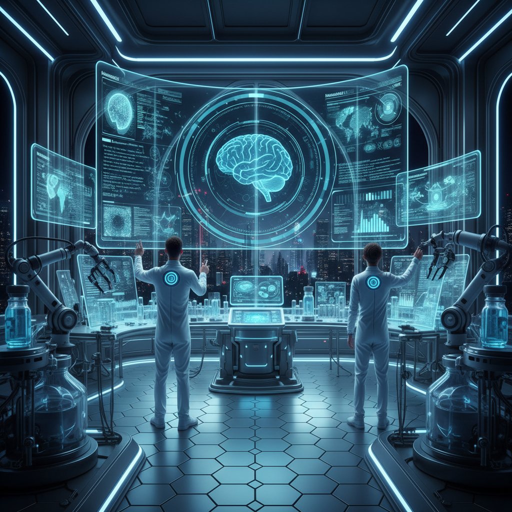 Nowoczesne laboratorium, ekrany AI do analizy danych medycznych, przyszłość terapii hormonalnych