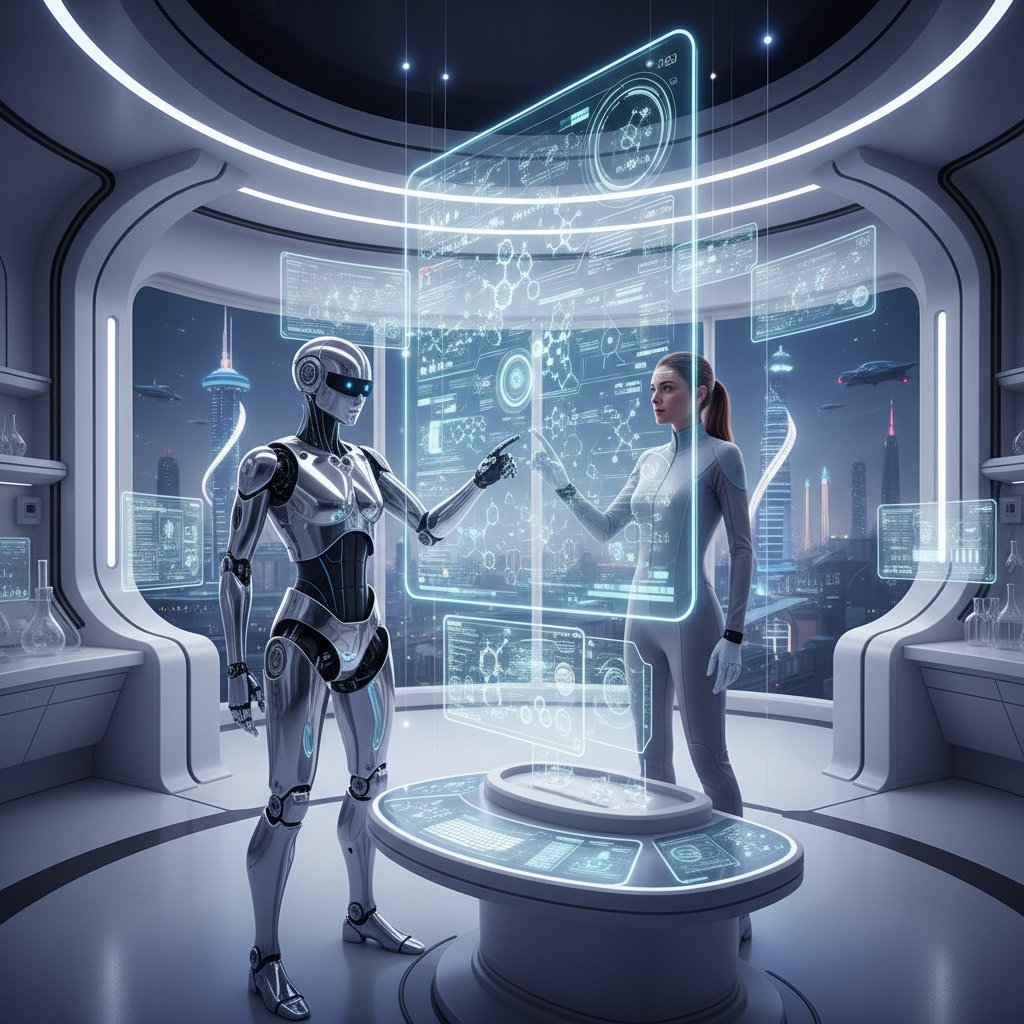 Futuristic lab with AI assistant, academic research assistant career growth
