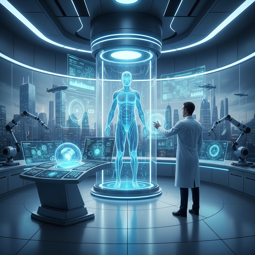 Przyszłość technologii analizy tkanki tłuszczowej – zdjęcie futurystycznego laboratorium z AI