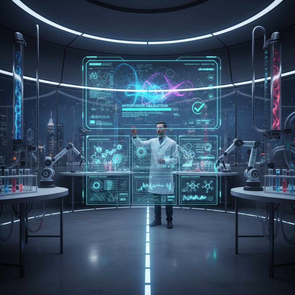 Futuristic lab with AI interface, dashboard analyzing data for efficient hypothesis validation in research