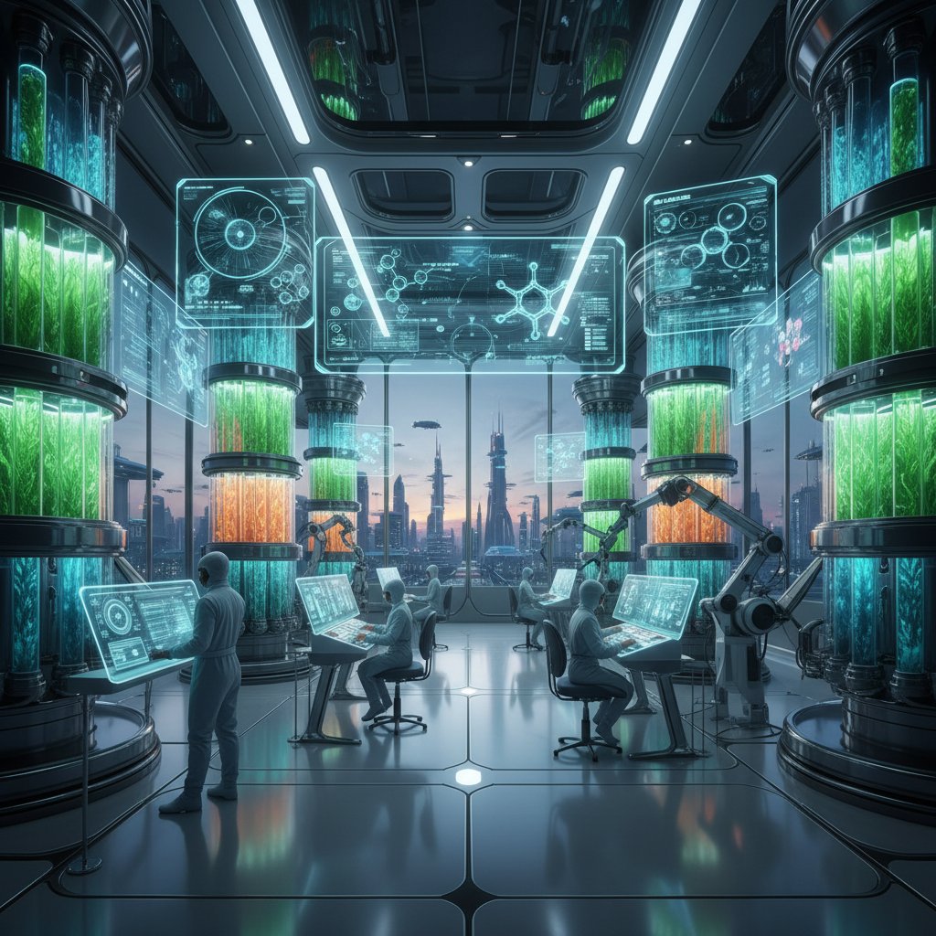 Nowoczesne laboratorium z bioreaktorami algowymi, estetyka futurystyczna