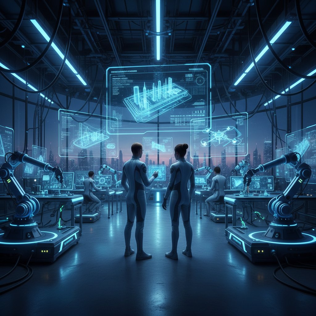 Photo of a futuristic lab with blueprints, holograms, and scientists at work, high-tech mood