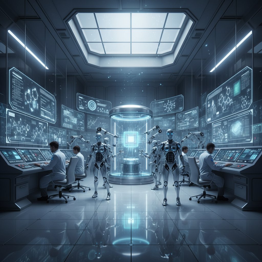 Futuristic laboratory where researchers work side-by-side with AI-powered systems, blending tradition and innovation
