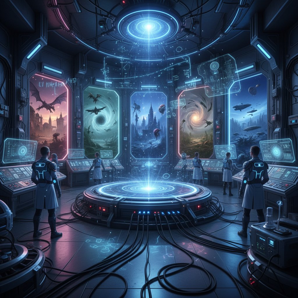 Futuristic lab, scientists projecting alternate timelines on screens, movie parallel universe movies science