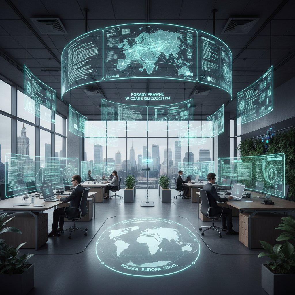 Nowoczesne biuro legal tech z ekranami wyświetlającymi przepływ porad prawnych online