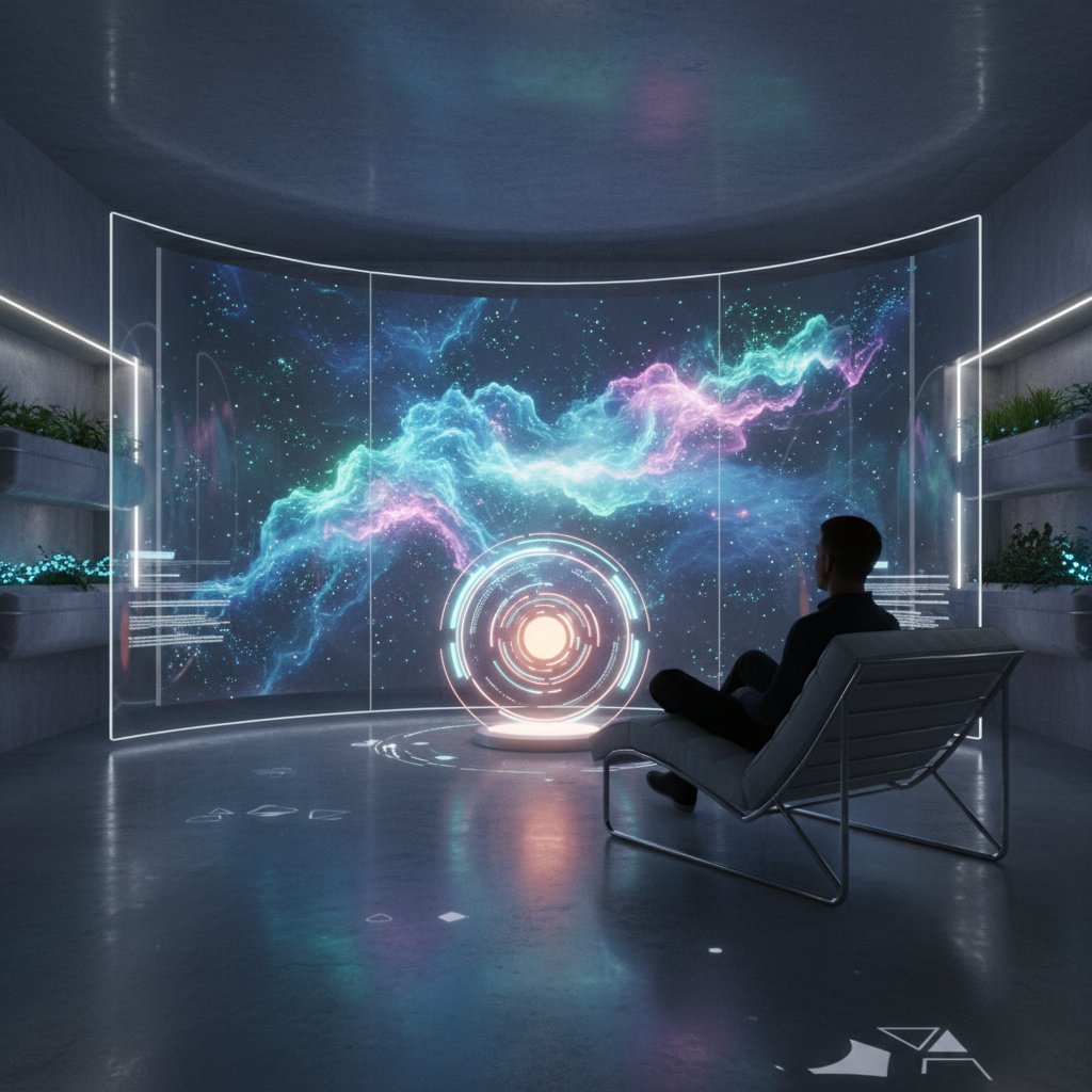 Futuristic living room with AI interface adapting to viewer mood, AI movie recommendations interface