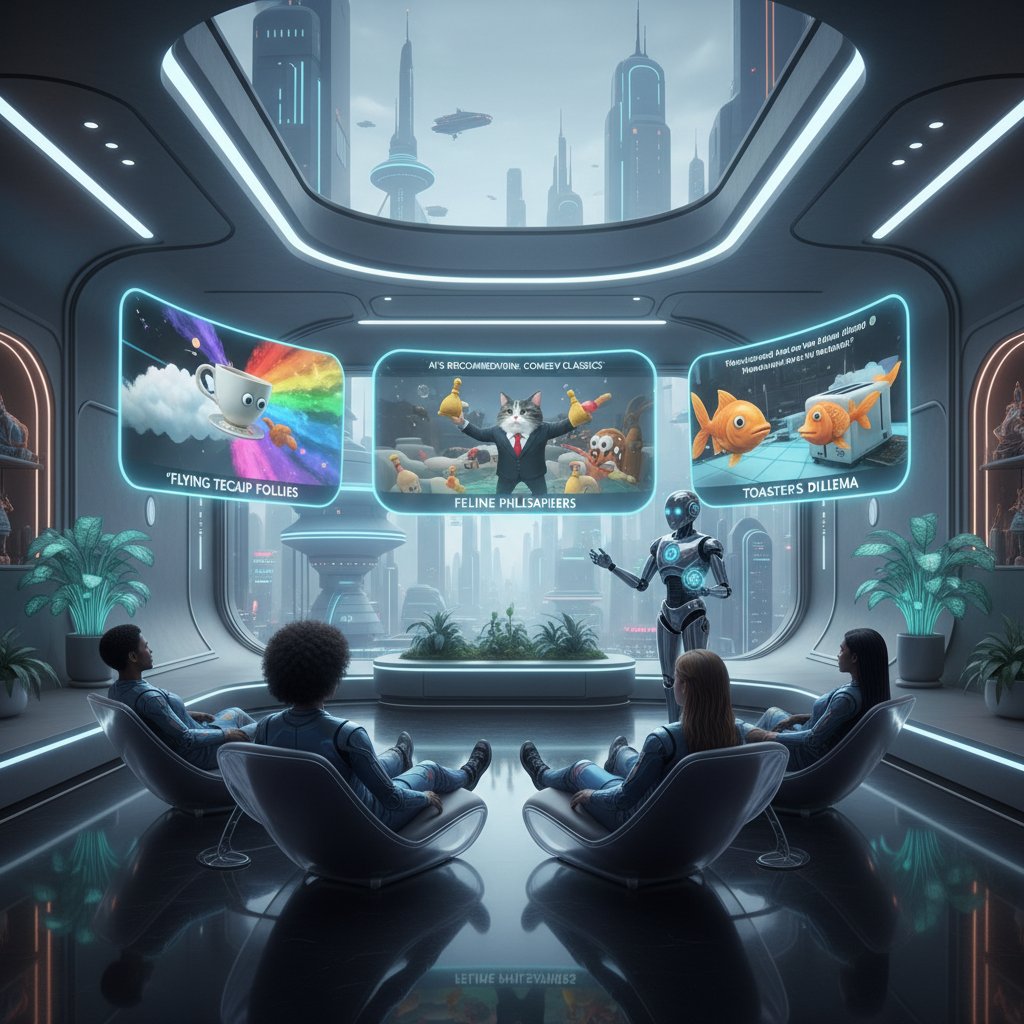 Photo of a futuristic living room with AI recommending surreal comedy films, holographic displays, diverse viewers