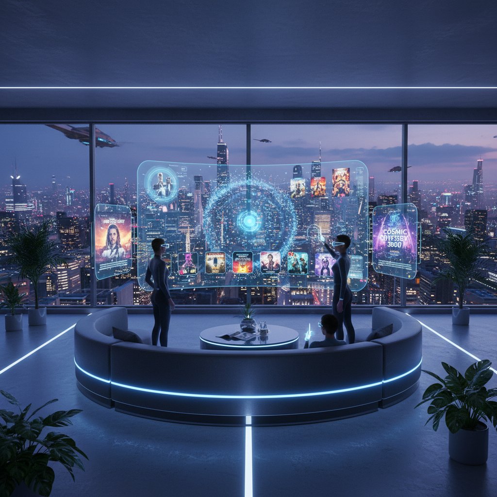Futuristic living room with AR movie selection interface, augmented reality transforming movie nights