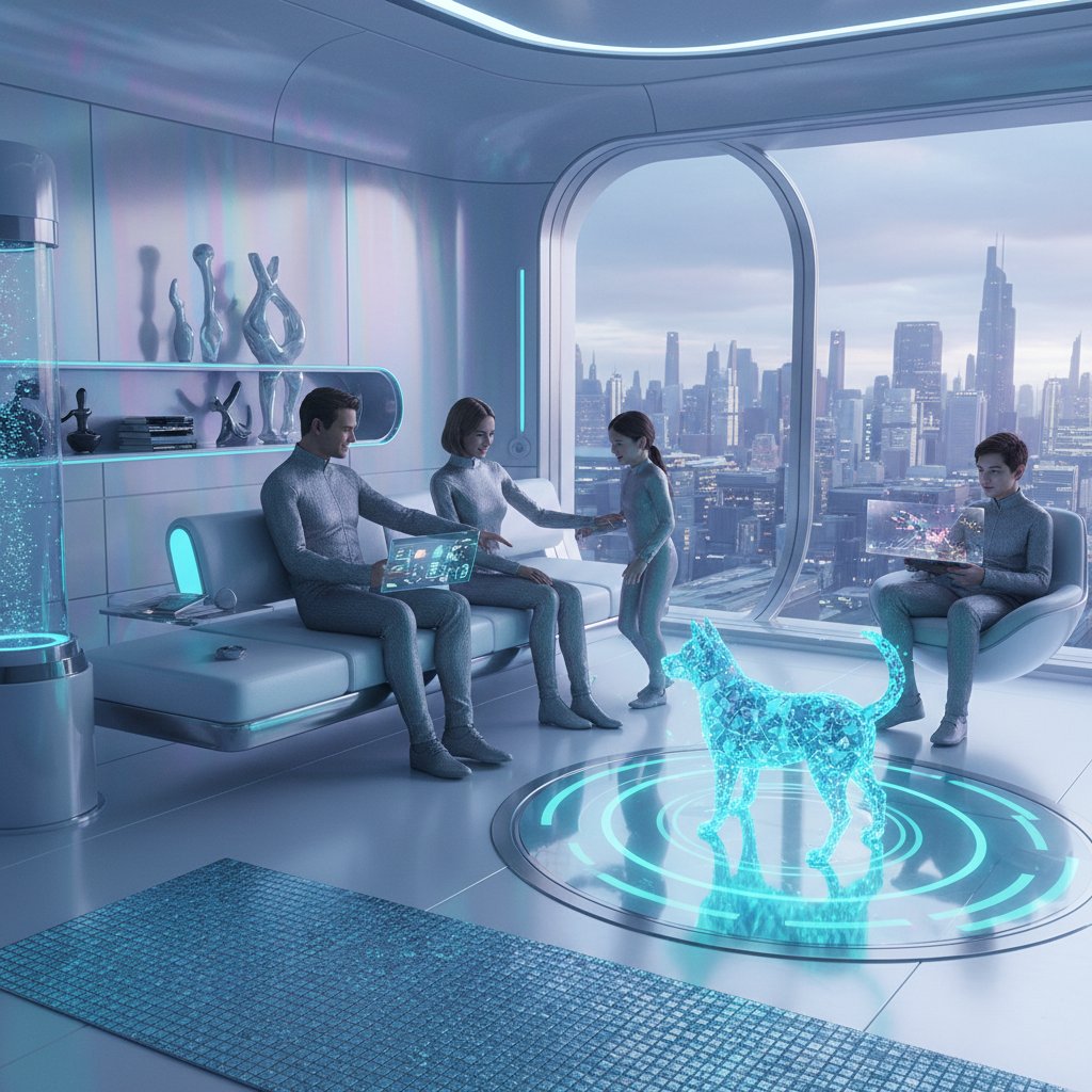 Rodzina z wirtualnym hologramem psa w futurystycznym salonie