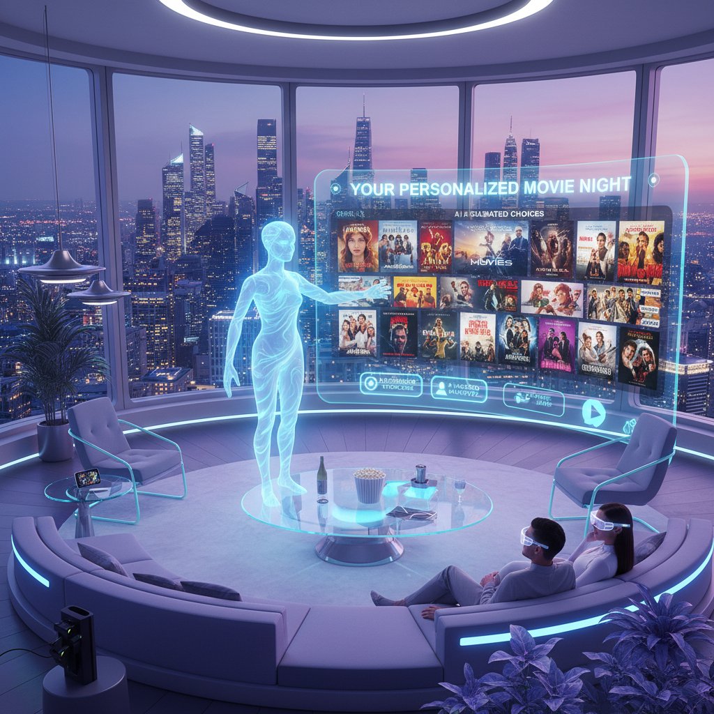 Futuristic living room, holographic movie assistant, personalized movie nights, AI curation, movie endless movies